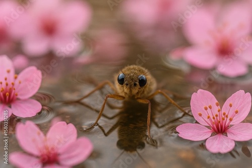 Amidst the tranquil bloom of cherry blossoms, a solitary ant stands out, its dark eyes reflecting the delicate beauty around it