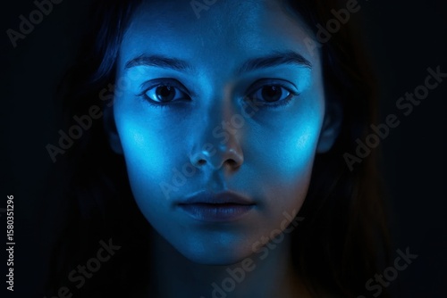 A young woman's face illuminated by a soft blue light against a dark backdrop