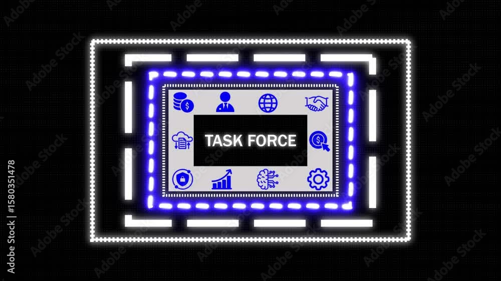 A Business Task Force concept button on a clear projection ,Business, Technology and network concept. Animated Dynamic wave of color particles. Digital technology background random dot 4K. A Business Task Force concept button on a clear projection ,Business, Technology and network concept. Animated Dynamic wave of color particles. Digital technology background random dot 4K.