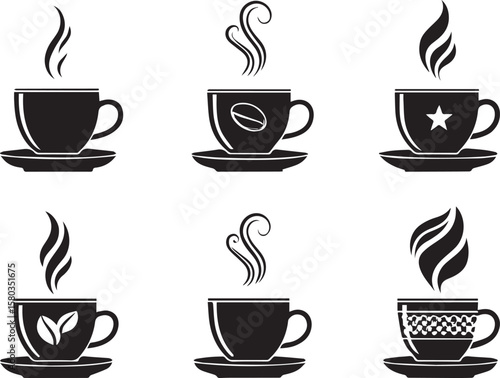 Coffee Cup Collection Silhouette Icons with Steam