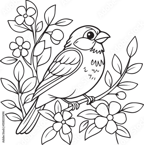 Bird on a Branch with Flowers Coloring Page