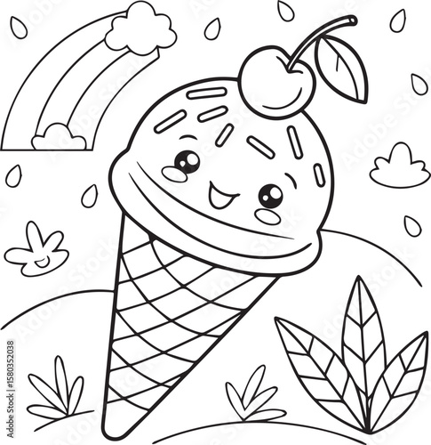 Cute Ice Cream Cone with Cherry and Rainbow Coloring Page