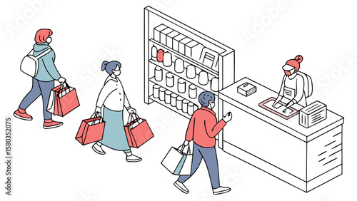 People wearing face masks and carrying shopping bags in a store queuing at the checkout counter with a cashier also wearing a mask illustrating safe shopping practices during a pandemic
