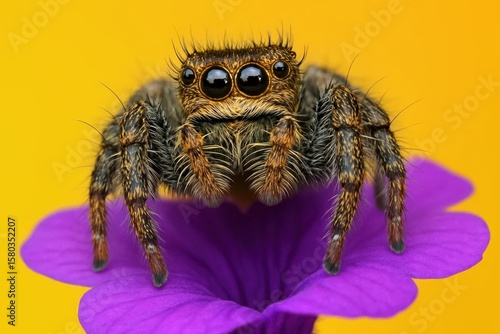 A spider with striking orange eyes perches confidently on a vibrant purple flower against a bold yellow backdrop
