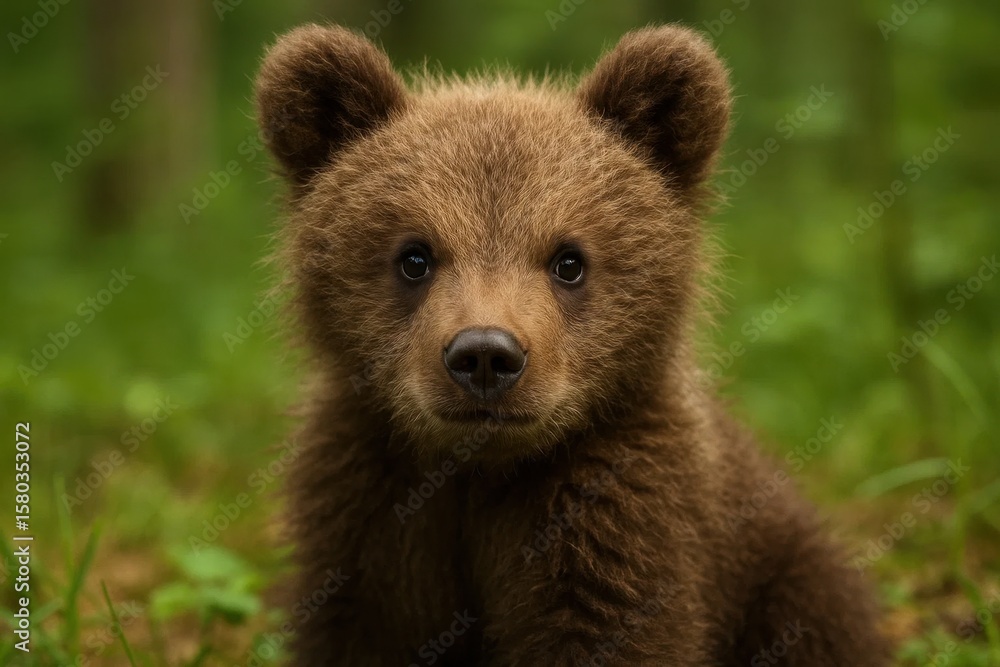 Obraz premium A young bear cub gazes directly into the camera lens, its curious eyes reflecting a sense of wonder in the heart of the forest