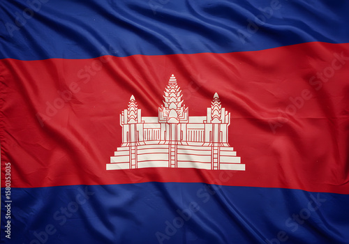 Cambodian Flag with Angkor Wat Temple Symbol on Red and Blue Waving Cloth Background.