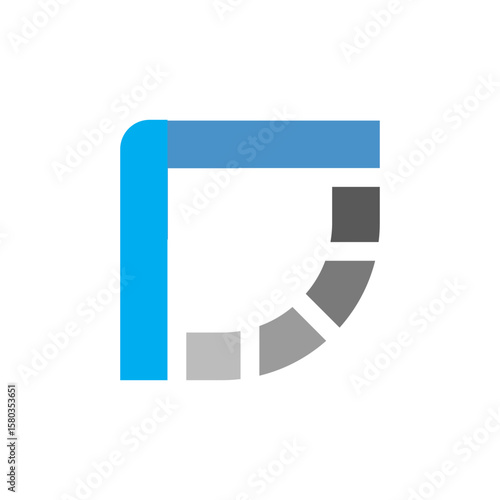 A bold, abstract logo featuring a blue vertical bar connected to a light blue horizontal bar, which then transitions into a segmented, curving gray shape