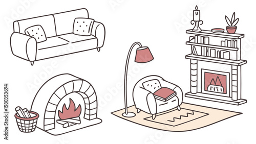 Cozy living room elements including a comfortable sofa armchair with a floor lamp a fireplace with burning logs and a stone arch fireplace with a basket of kindling