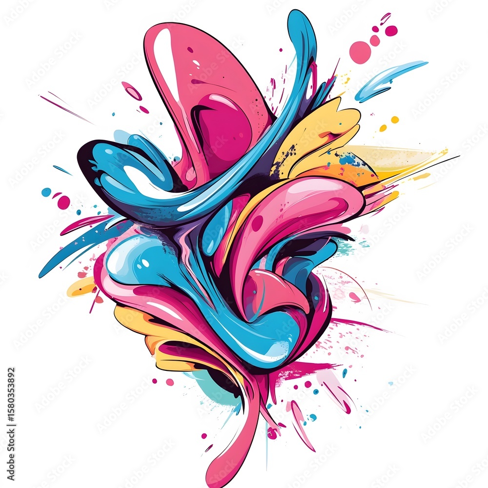 Obraz premium Abstract multicolored splash with dynamic curves and paint splatter on white background