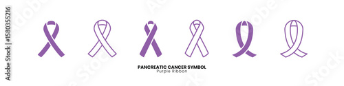 Purple ribbon pancreatic cancer awareness symbol vector set. Medical illustration for health campaigns and support
