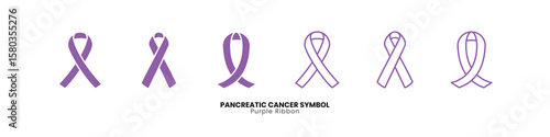 Diverse purple ribbon vectors, solid and outline, symbolizing pancreatic cancer. Great for medical support designs