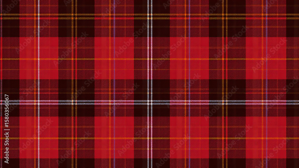 Obraz premium A seamless, vibrant red Royal Stewart tartan background with black, white, yellow, and blue lines, softly blurred edges, perfect for cozy digital wallpapers.