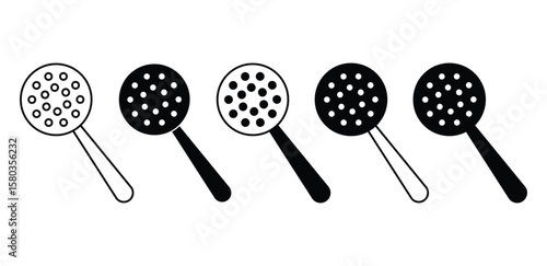 Slotted Spoon Icons in Black and White Kitchen Utensil Cooking Tool Vector Design on White Background