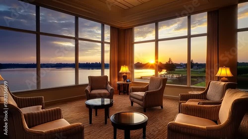 Wallpaper Mural Living room with large windows overlooking a lake at sunrise Torontodigital.ca