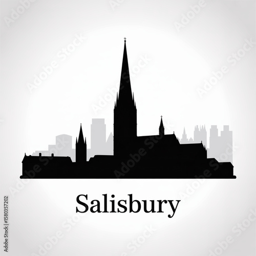 Salisbury Skyline Silhouette - Historic English Cathedral City Vector Illustration