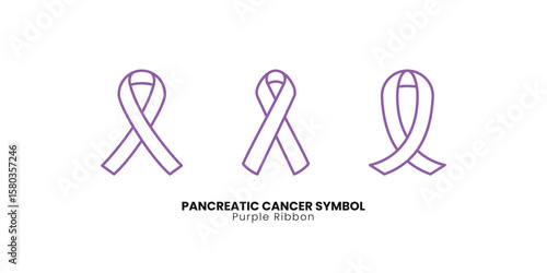Outline purple ribbon pancreatic cancer awareness symbols vector set. Medical illustration for health campaigns, support, and advocacy designs