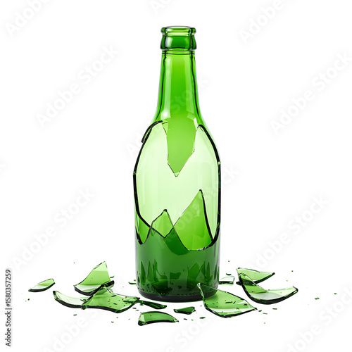 Broken green glass bottle standing isolated on white background, showing sharp edges and fragments for danger, waste, and recycling concepts.