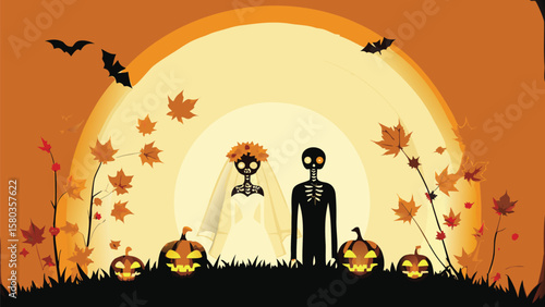 Halloween wedding scene with skeleton bride and groom under a full moon and flying bats at night