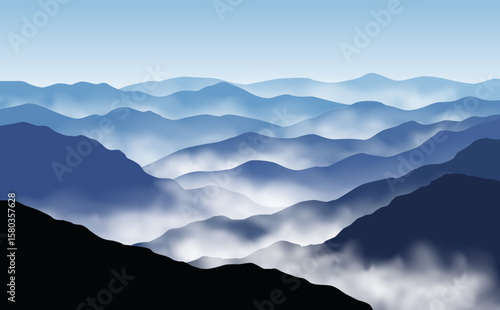 Vector panoramic landscape with blue misty silhouettes of mountains and clear sky	