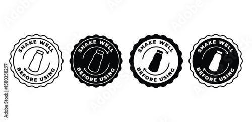 Shake Well Before Using Icon Black and White Circular Labels Vector Design Illustration
