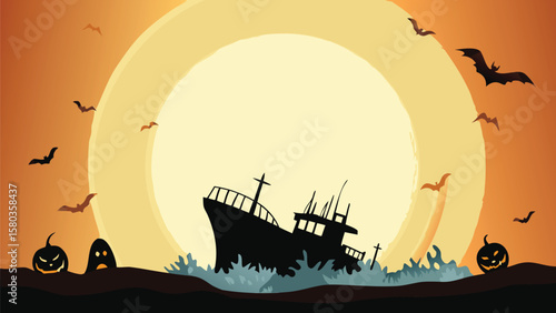 Halloween scene with a shipwreck on the sea with bats and pumpkins under a big moon light night