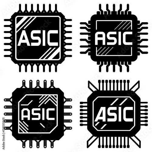 Four black ASIC chip icons arranged in a grid, each with unique circuit designs and the word "ASIC" prominently displayed, creating a technical, graphic mood.
