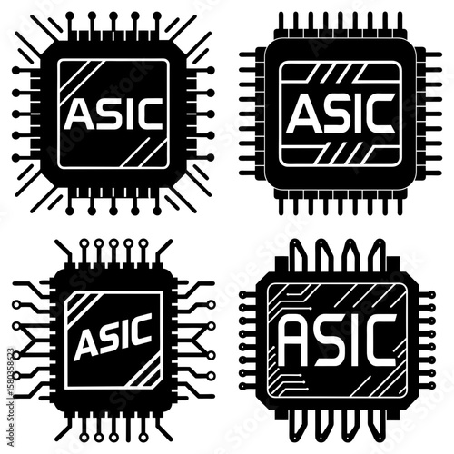 Four asic chip designs with different pin configurations in black and white illustration style image format