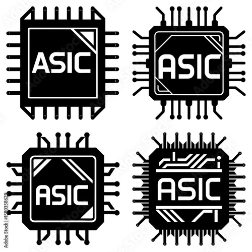 Four asic chips in black and white showing different designs and circuit configurations on a white background