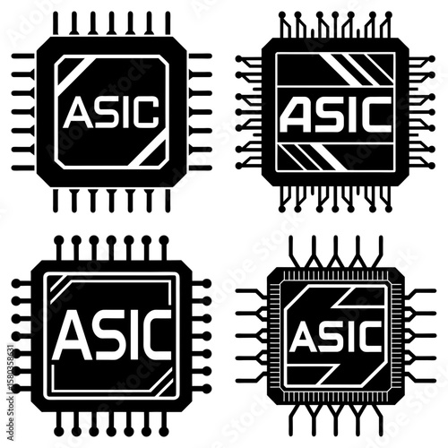 Four black asic chip illustrations with different pin configurations on a white background layout design