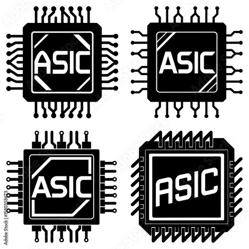 Four black asic chip icons with different circuit designs isolated on a white background illustration