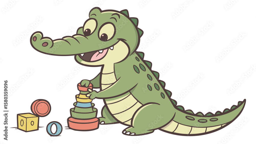 Obraz premium Happy cartoon alligator playing with colorful stacking rings and blocks