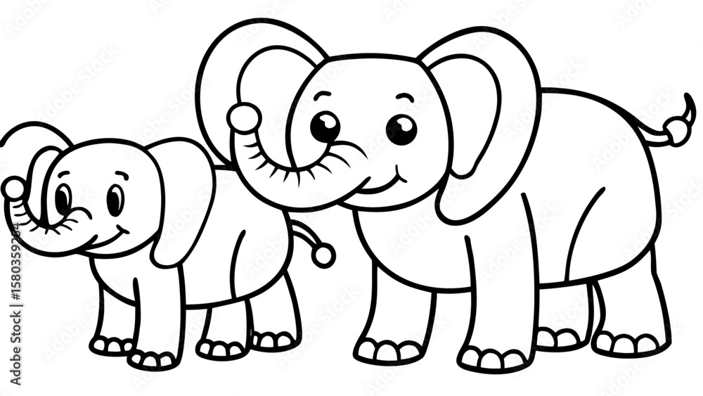 Fototapeta premium Adorable cartoon baby elephant and mother elephant standing together