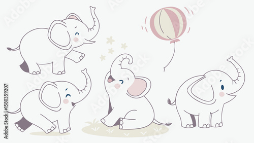 Cute baby elephants playing together with a balloon and stars
