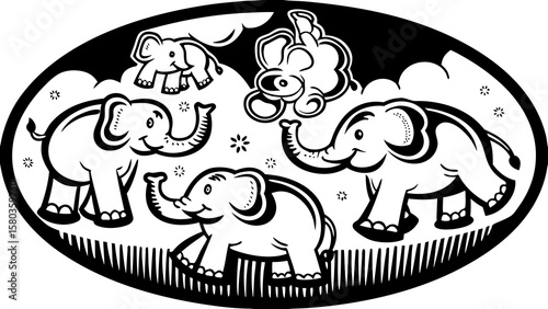 Happy elephants in a circus performing a balancing act with a clown