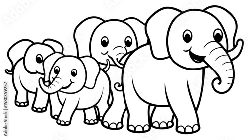 Happy cartoon elephants walking in a line with big ears and trunks