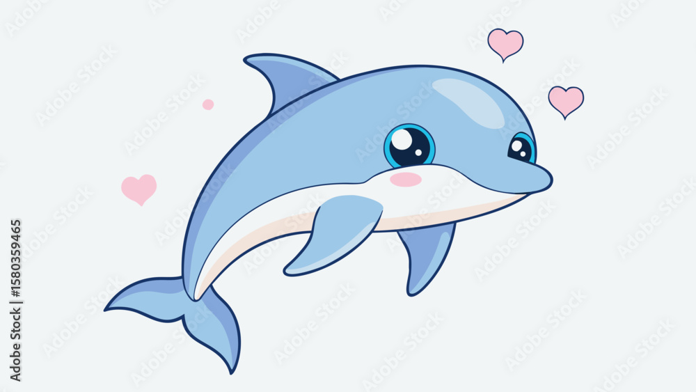 Fototapeta premium Cute blue dolphin with big eyes and pink hearts floating around