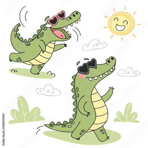 Two happy cartoon alligators wearing heart shaped sunglasses under a smiling sun