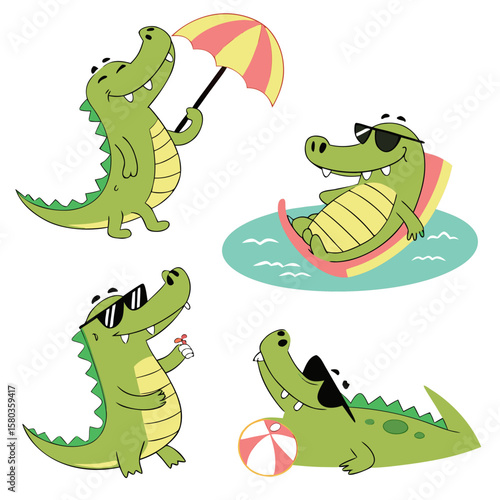 Cute cartoon alligators enjoying summer vacation activities with an umbrella and beach ball