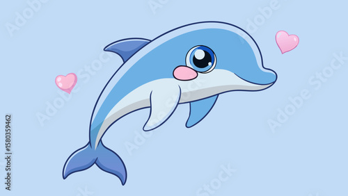 Cute cartoon dolphin with pink hearts on a light blue background
