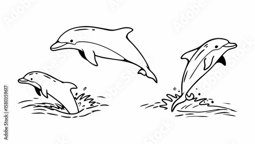 Three playful dolphins jumping and splashing in the ocean water