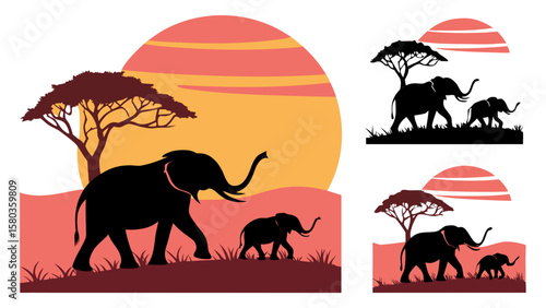 Silhouette of two elephants walking across the savanna at sunset with acacia tree