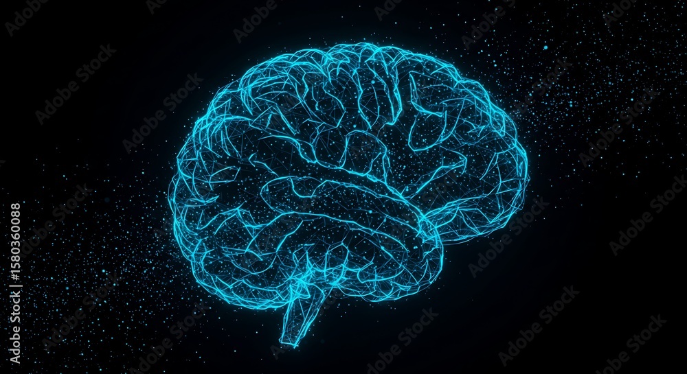 Obraz premium Glowing blue digital brain outline against a dark background with scattered particles, representing intelligence, technology, and neuroscience.