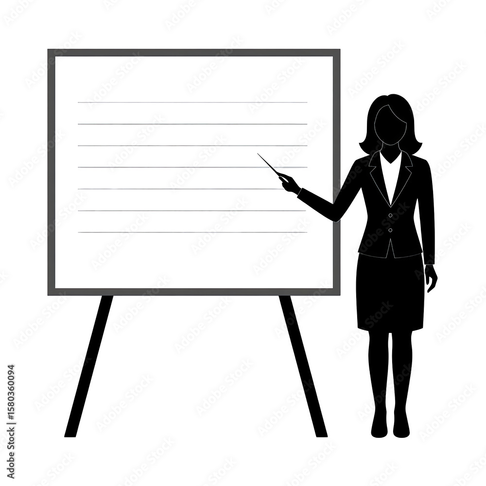 Silhouette of teacher with whiteboard in classroom setting for education and training concept isolated on white background Silhouette of teacher with whiteboard in classroom setting for education and training concept isolated on white background
