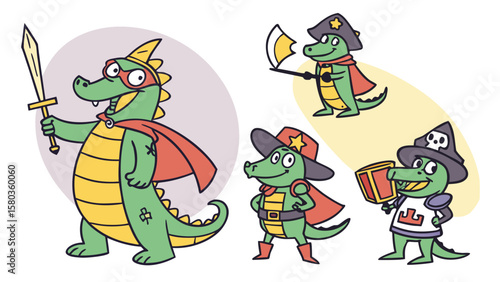 Four cartoon green crocodiles dressed as a knight pirate cowboy and wizard