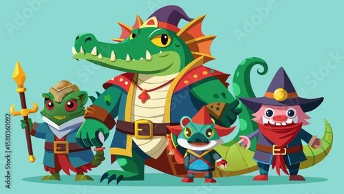 A group of colorful fantasy creatures dressed in medieval costumes and holding weapons