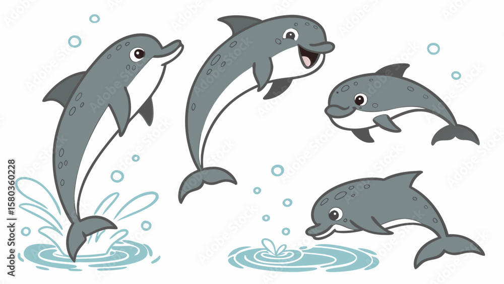 Fototapeta premium Four happy cartoon dolphins jumping and playing in the water with bubbles