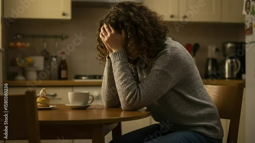 Young Woman Sitting at Kitchen Table with Head in Hands Feeling Stressed or Anxious in Cozy Home Environment