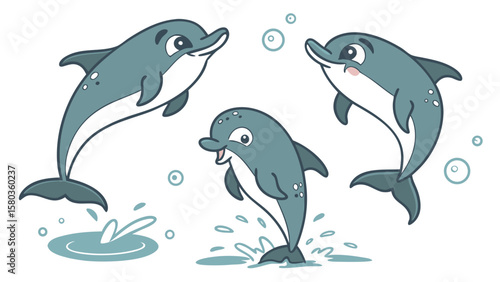 Three cute cartoon dolphins jumping and playing in the water with bubbles