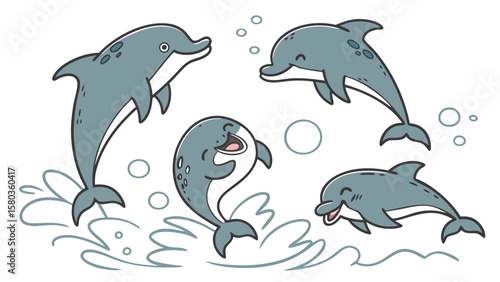 Four happy cartoon dolphins jumping and playing in the water with bubbles