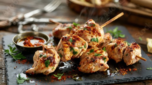 Grilled garlic paprika chicken skewers on dark slate board with caramelized edges, fresh herbs and dipping sauce, rustic kitchen setting
